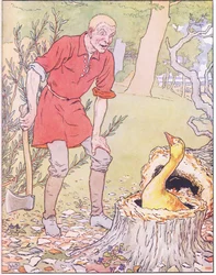 Allí entre sus raíces, se sentaba un ganso, con plumas de oro puro